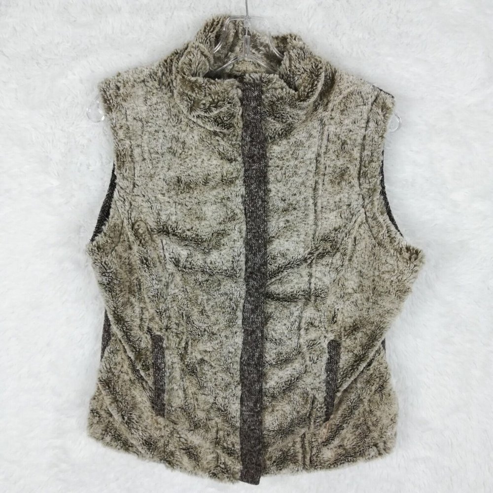 Tribal Womens Vest Sleeveless Faux Fur Sweater Brown Full Zip Pockets M